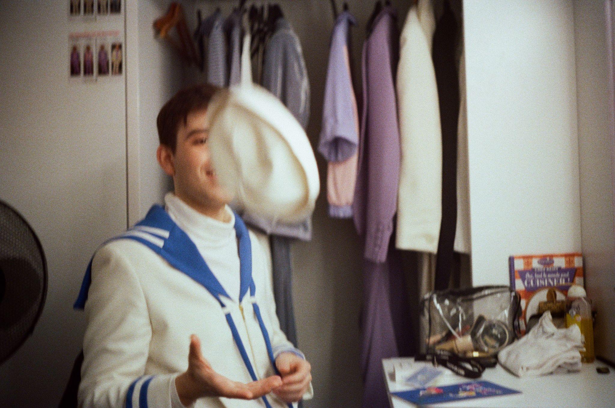 David Marino backstage in costume